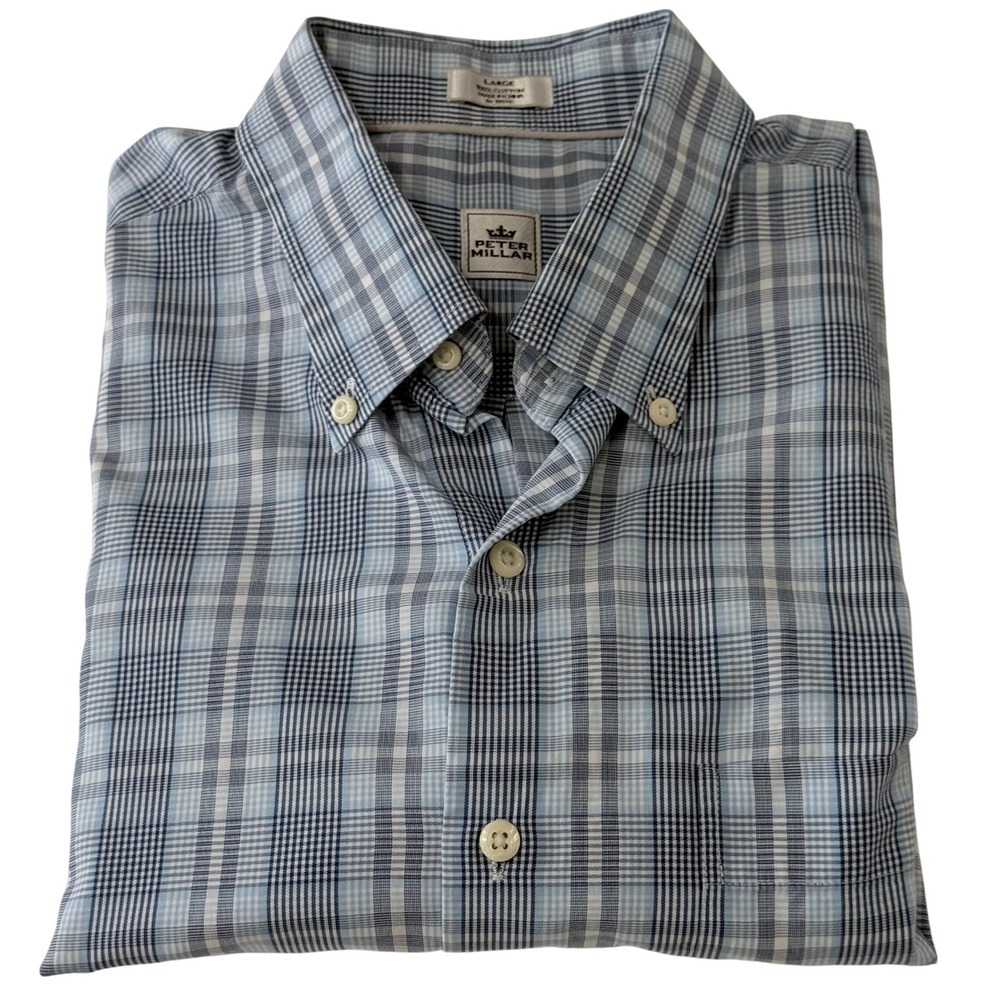 Peter Millar‎ Mens Large Plaid Button Down Short Sleeve Casual Shirt